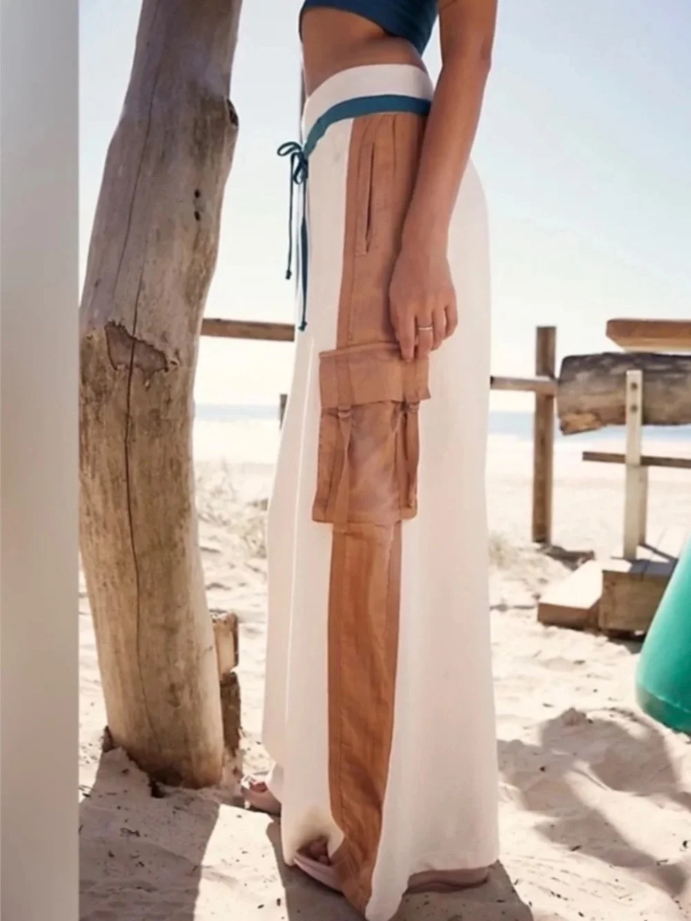 FREE PEOPLE MOVEMENT: “PLAYOFF COLORBLOCK WIDE-LEG PANTS”: Ivory/teal/tan: XL - Picture 3 of 5